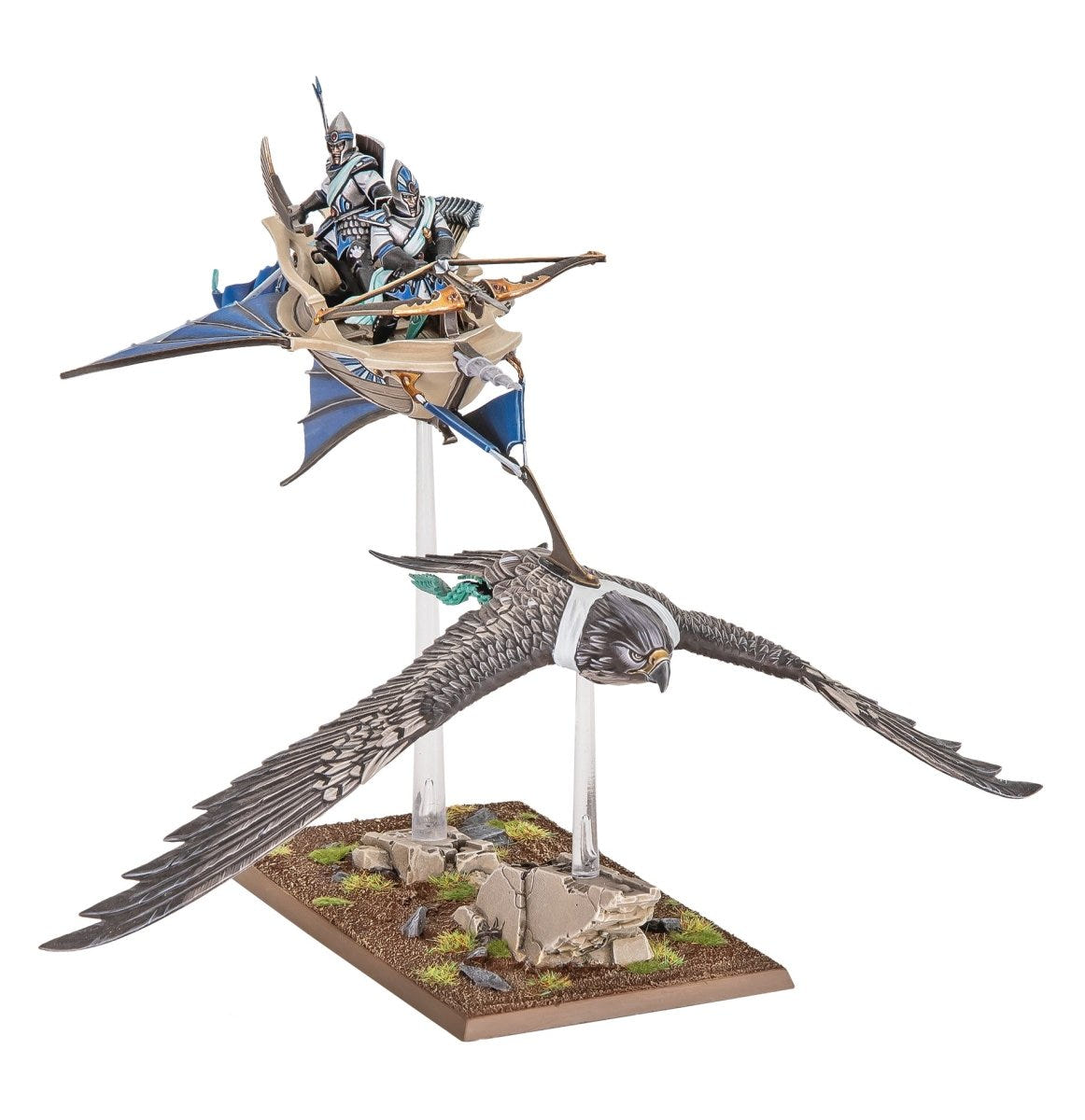 Painted Lothern Skycutter with bolt thrower pulled by a great eagle on a flying stand