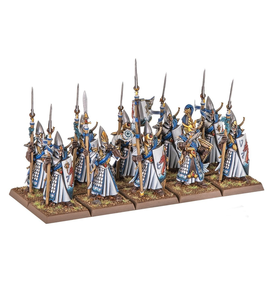 Painted unit of Lothern Sea Guard with spears and shields in blue and white, High Elf Realms