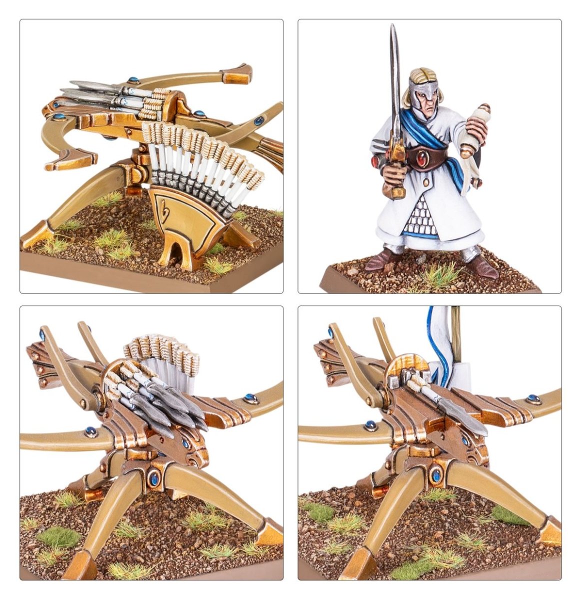 Close-ups of the Eagle Claw Bolt Thrower's eagle-wing frame, loaded bolts and elf crewman