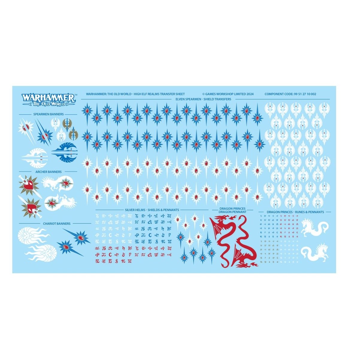High Elf Realms waterslide transfer sheet with shield devices, runes and dragon emblems