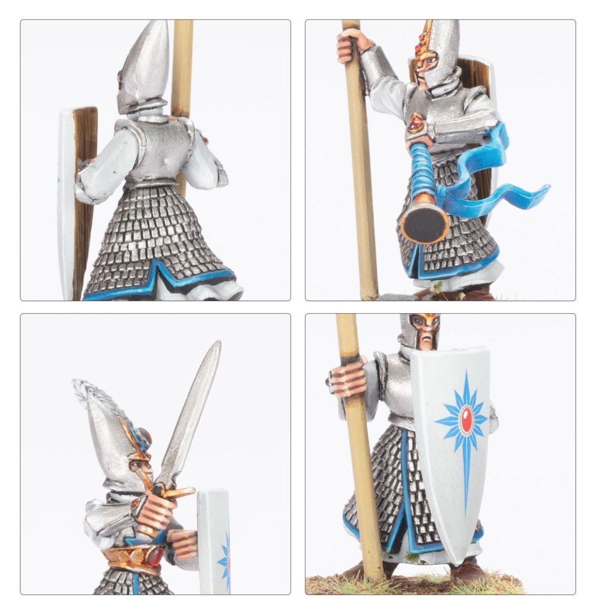 Close-ups of painted Elven Spearmen: scale armour, musician's horn, champion's sword and shield