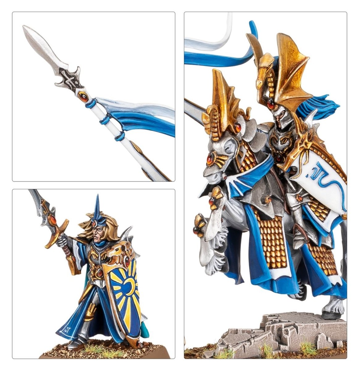 Close-ups of the painted High Elf Lords' lance tip, shield and mounted rider in gilded armour