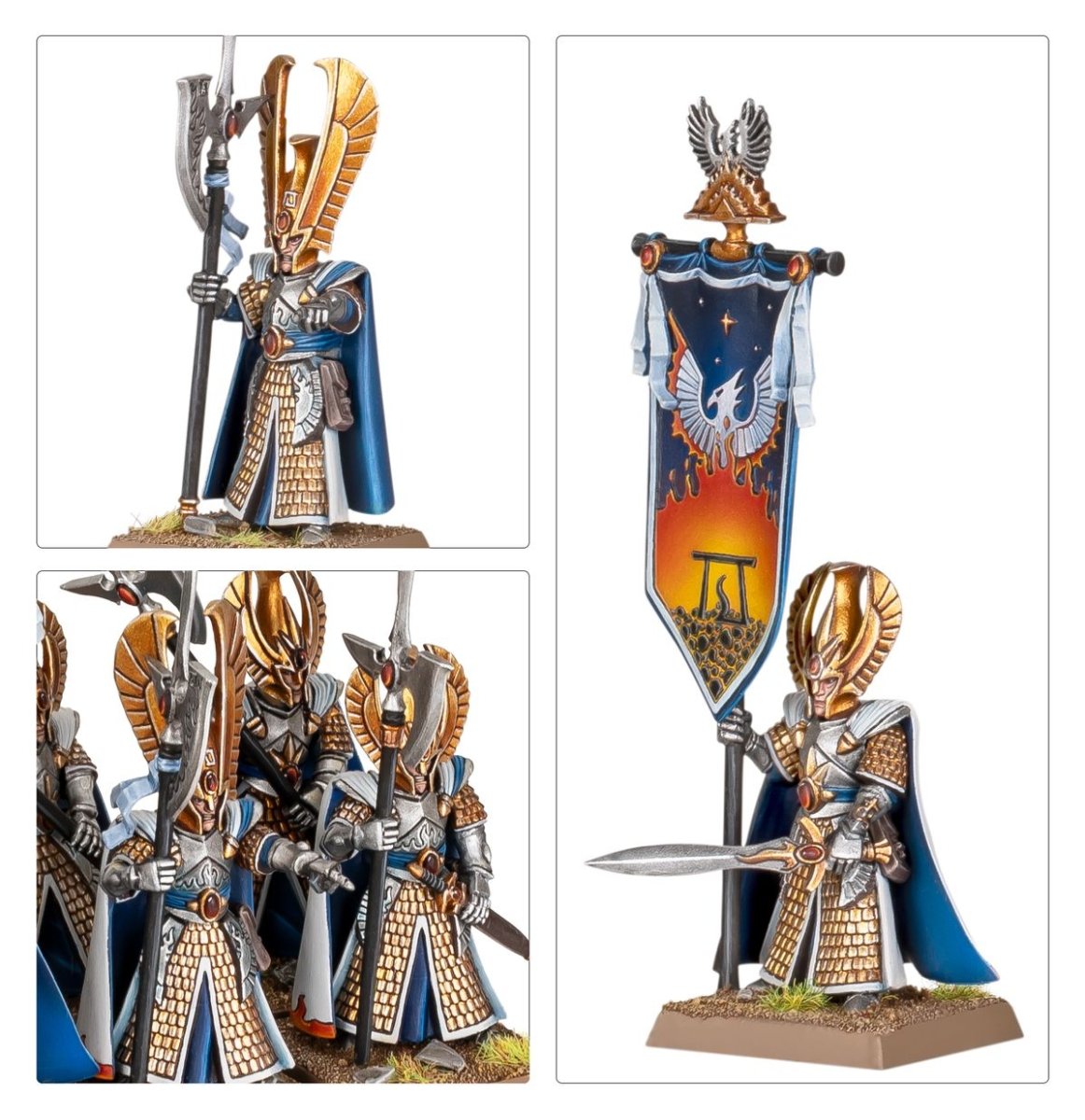 Close-ups of painted Phoenix Guard: masked halberdier, rank of warriors and phoenix standard bearer
