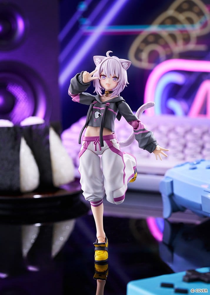 figma Nekomata Okayu posing in a neon gaming room with giant onigiri props, Max Factory