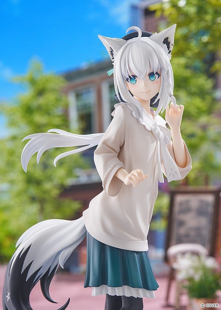 Hololive Shirakami Fubuki figure with fox ears and tail on a sunny street backdrop