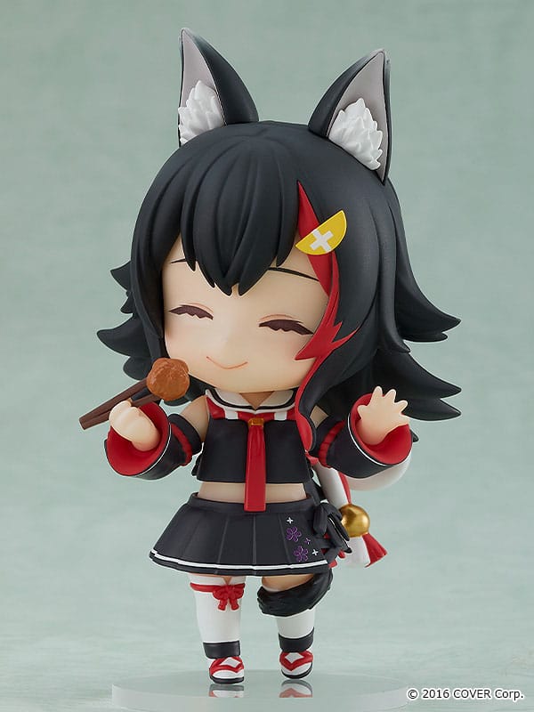 Ookami Mio Nendoroid with a skewer of fried chicken and a happy expression