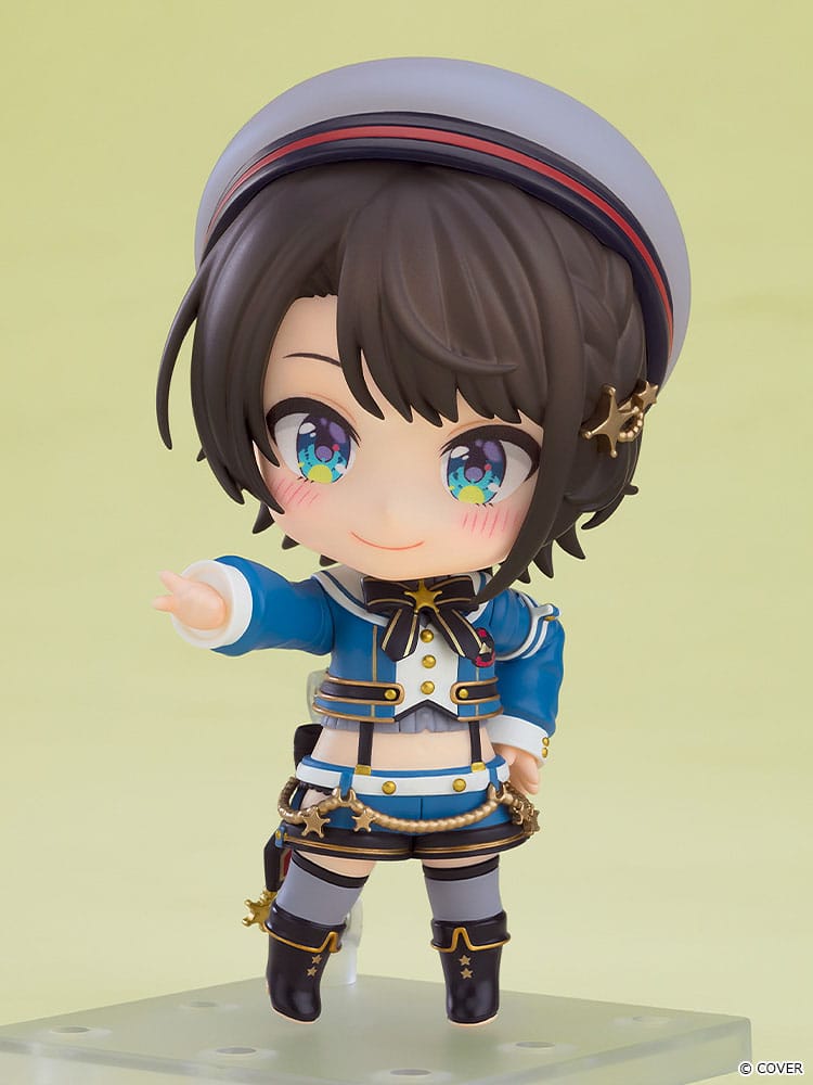 Oozora Subaru Nendoroid smiling with one arm outstretched, angled view