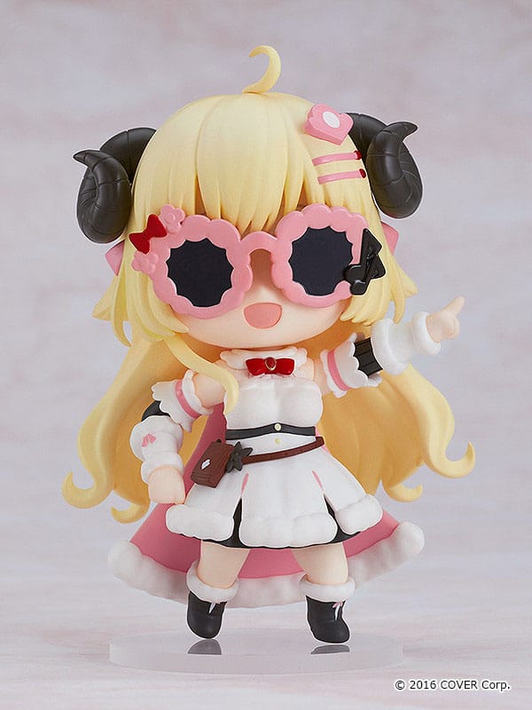 Tsunomaki Watame Nendoroid by Good Smile Company in pink scalloped round sunglasses, pointing with one hand