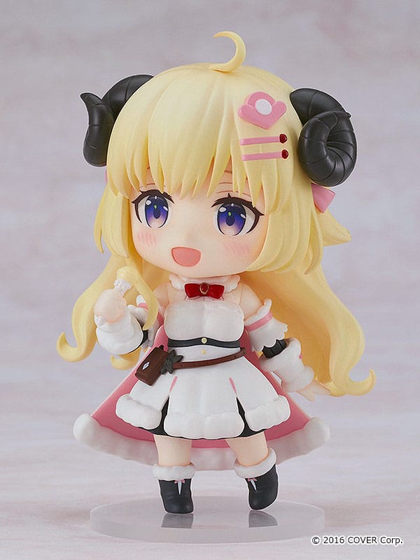 Tsunomaki Watame Nendoroid waving with a cheerful open-mouthed face