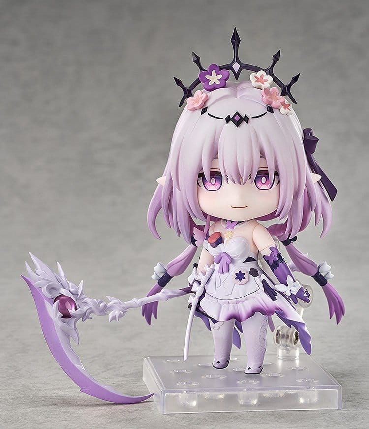 Nendoroid Castorice front view on clear stand, scythe resting at her side
