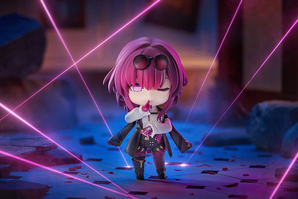Kafka Nendoroid winking in a dark diorama crossed by pink laser beams