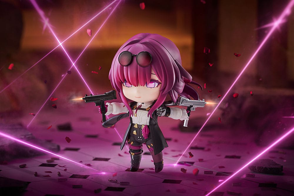 Kafka Nendoroid firing both guns in a laser-lit ruined scene