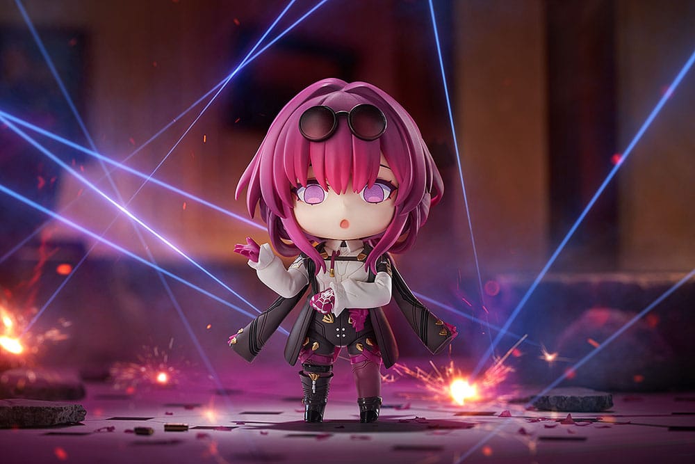 Kafka Nendoroid surprised amid blue lasers and sparks in a diorama