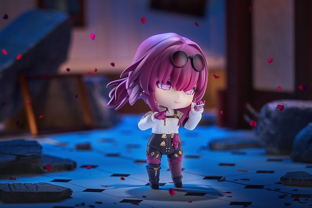Kafka Nendoroid on a blue-lit rubble diorama with falling petals