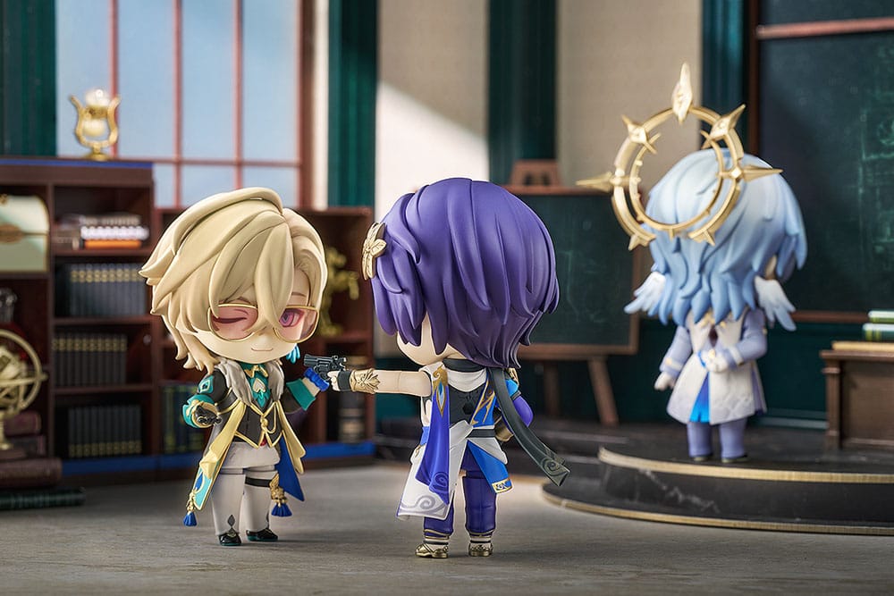 Dr. Ratio Nendoroid with two other Honkai: Star Rail Nendoroids in a library, sold separately