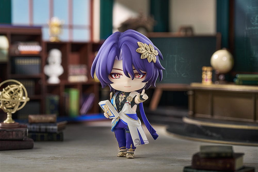 Dr. Ratio Nendoroid pointing in a library diorama with globe and books