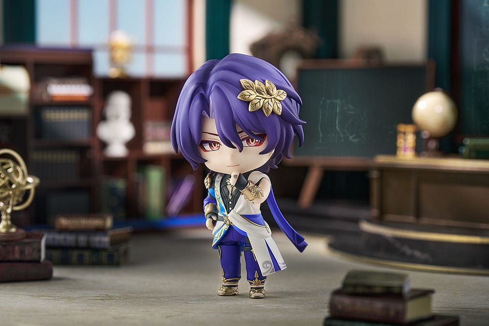 Dr. Ratio Nendoroid holding his book in a study diorama with chalkboard