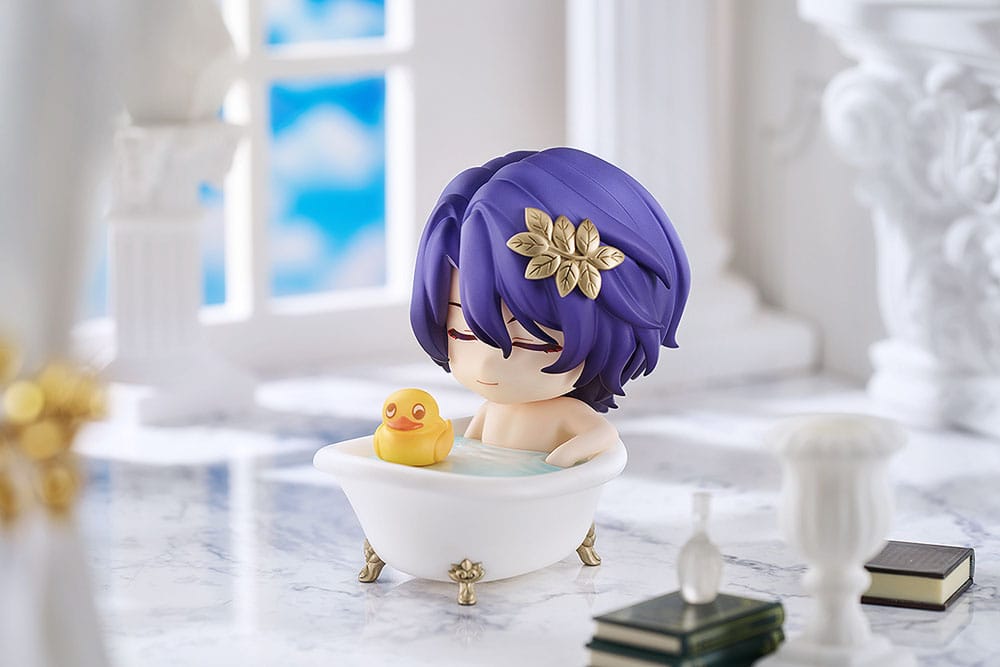 Dr. Ratio Nendoroid in the bathtub with rubber duck in a bright marble bathroom scene