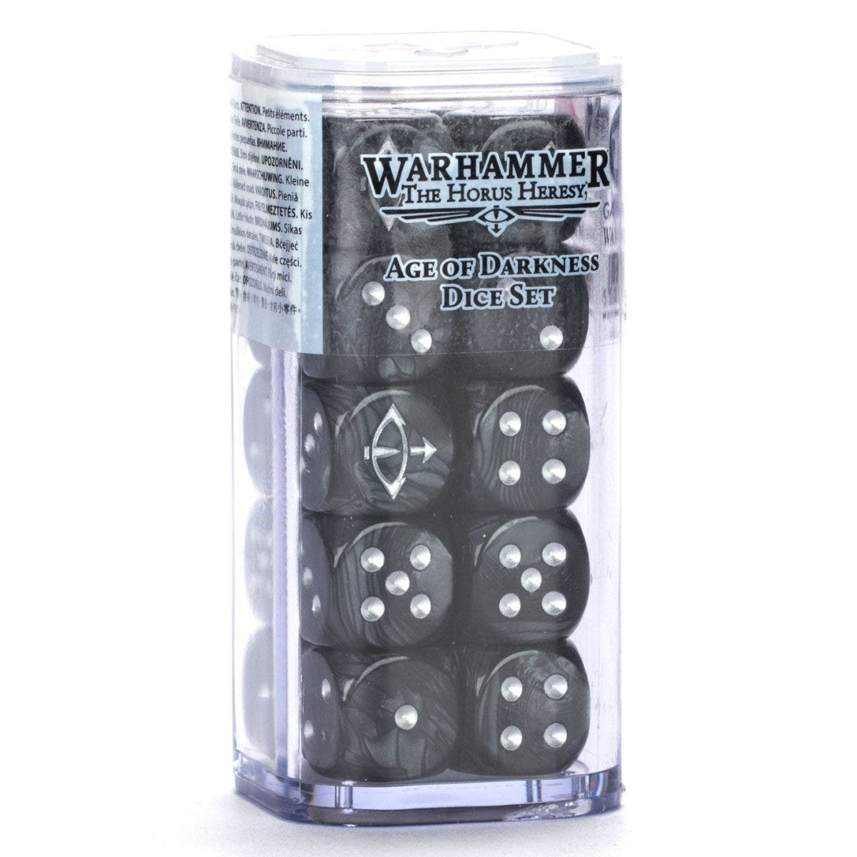 Games Workshop Horus Heresy Age of Darkness Dice Set in its clear tube packaging