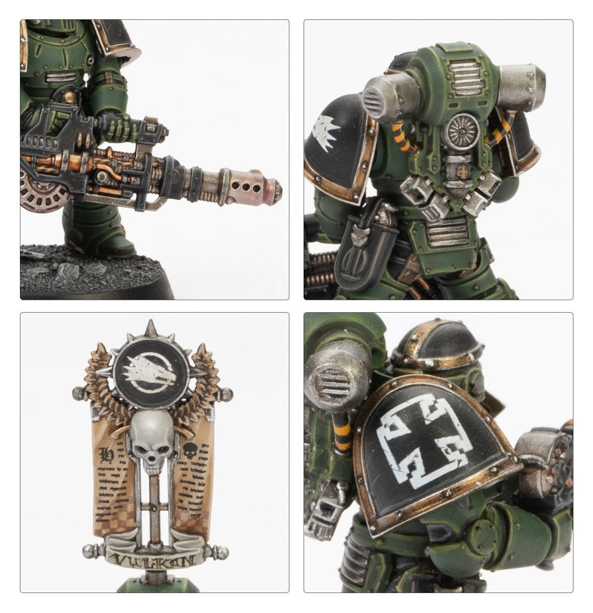 Detail views of green-armoured Space Marines, plasma gun, banner top and cross shoulder pad