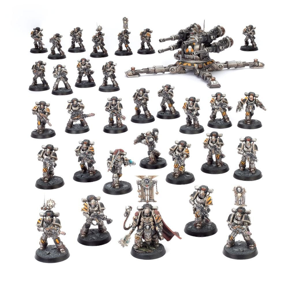 Painted grey Legiones Astartes force with hazard stripes and artillery gun, Horus Heresy: Saturnine