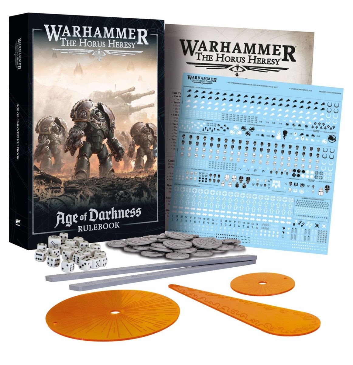 Horus Heresy Age of Darkness rulebook with transfer sheets, dice and orange templates from Saturnine