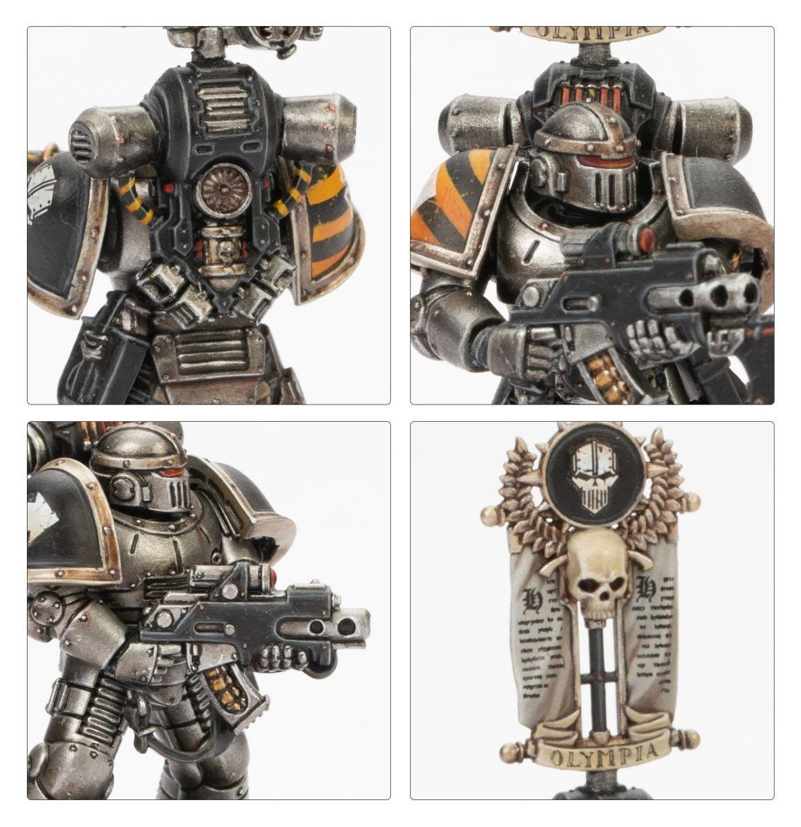 Close-ups of painted grey Legion warriors with hazard-striped helms, bolters and skull banner