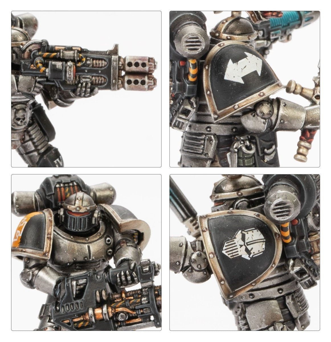 Close-ups of painted grey Legiones Astartes in steel armour with shoulder heraldry, Saturnine