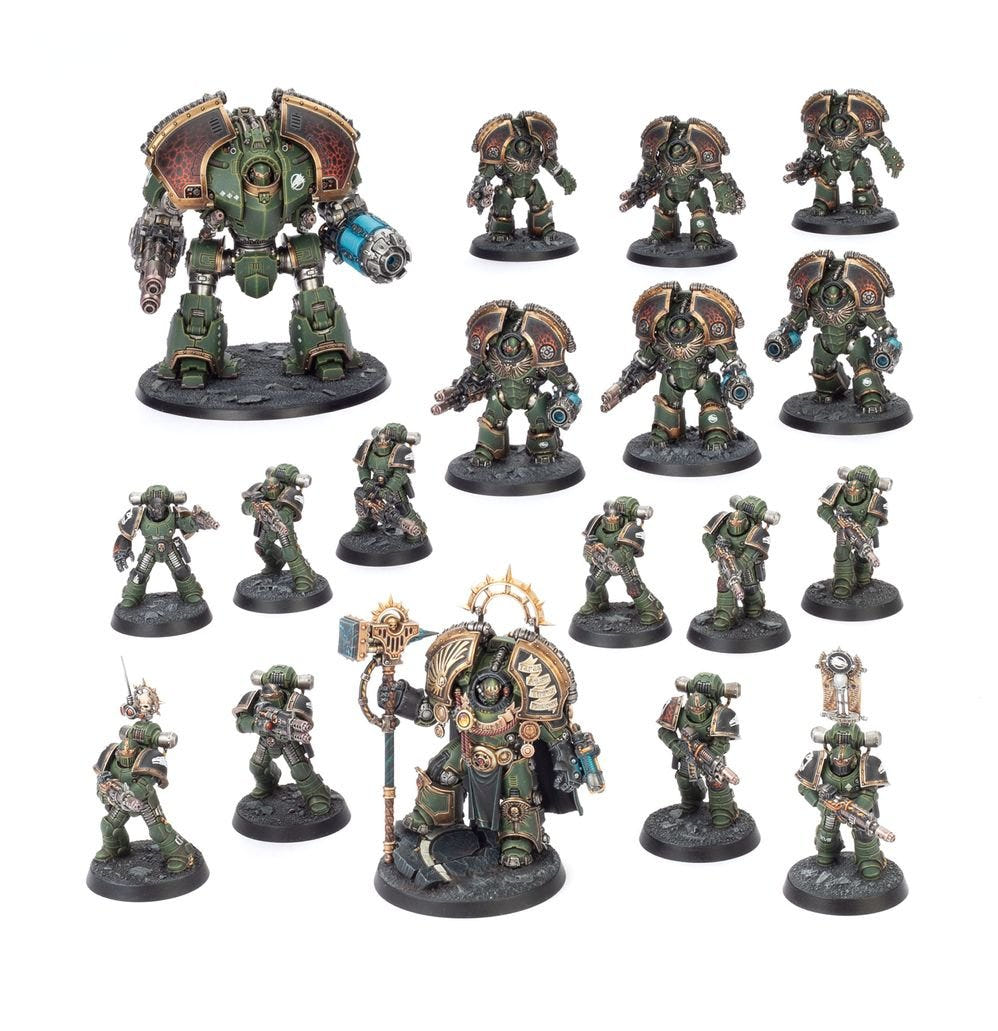 Painted green-armoured Legiones Astartes force with Dreadnoughts from Horus Heresy: Saturnine