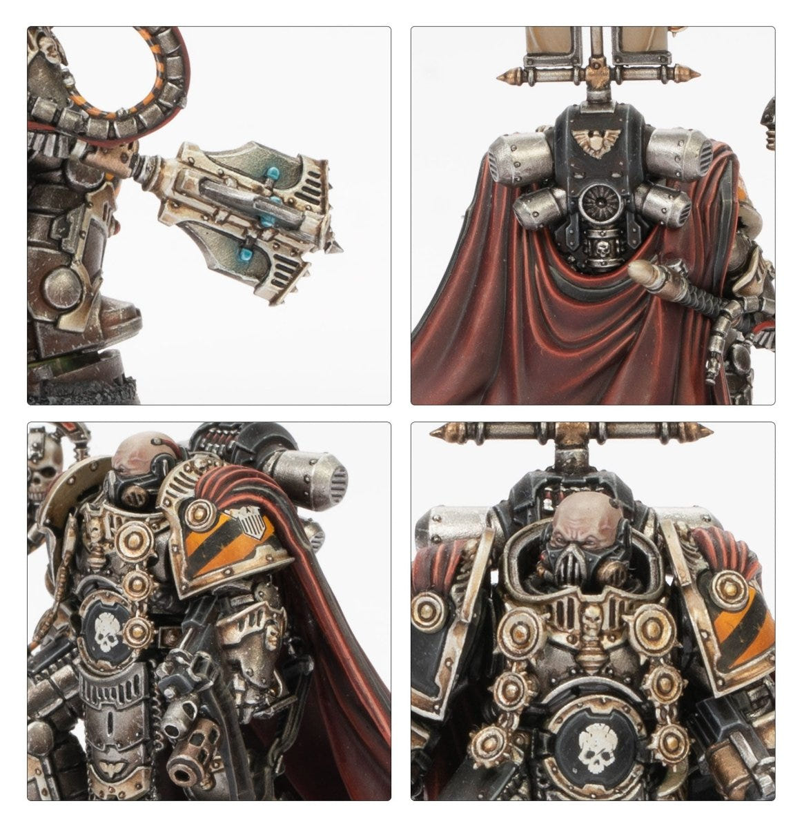 Close-ups of a painted grey commander with red cloak, skull detail and power weapon, Saturnine