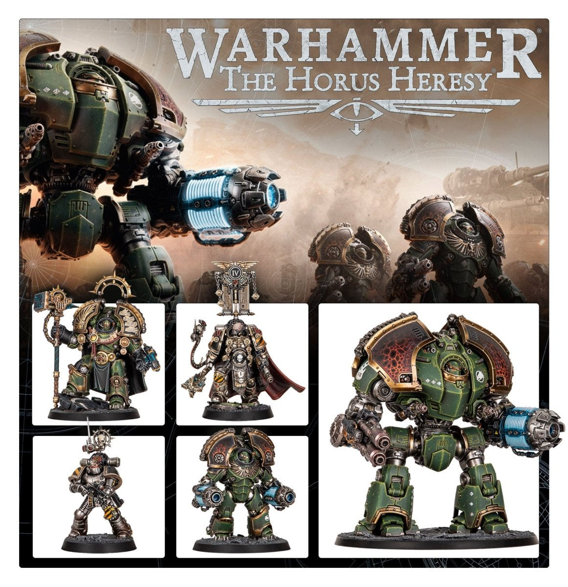 Warhammer: The Horus Heresy Saturnine artwork above painted characters and a green Dreadnought