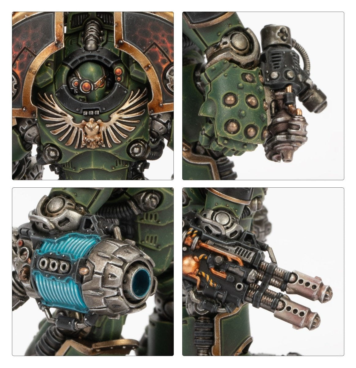 Close-ups of painted green Dreadnought eagle crest and blue-coiled weapons, Horus Heresy