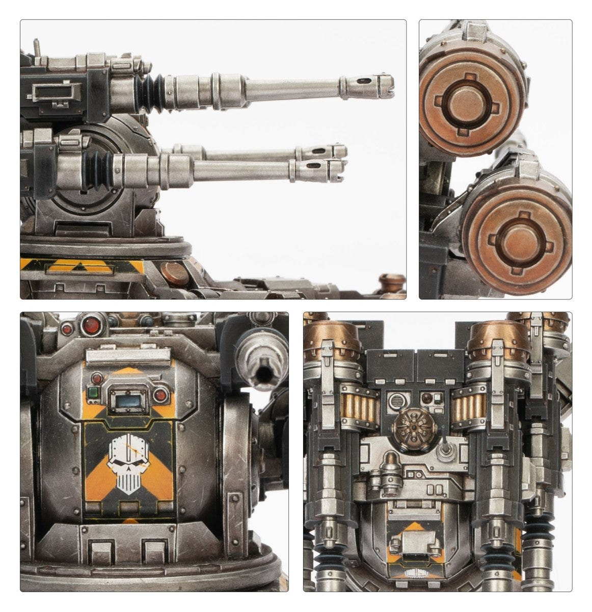 Close-ups of the painted artillery gun barrels and armoured chassis from Horus Heresy: Saturnine