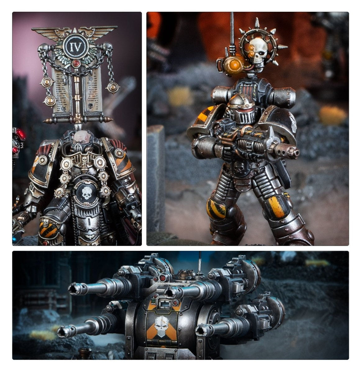 Painted grey Legion warriors, standard bearer and artillery gun in battlefield scenes, Saturnine
