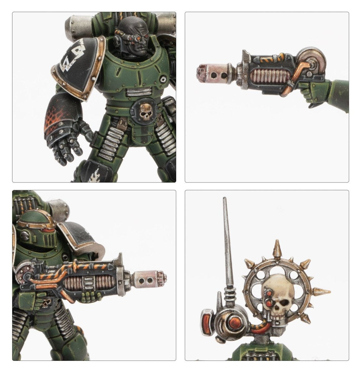 Close-ups of painted green Legiones Astartes warriors, weapons and skull standard, Saturnine