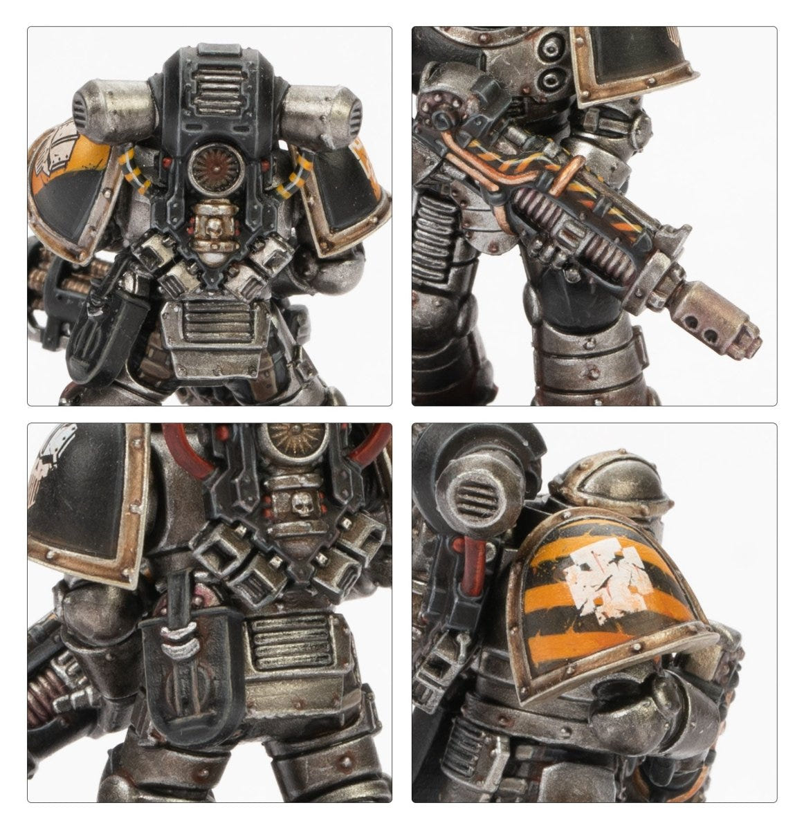 Detail views of painted grey Legiones Astartes armour, weapons and hazard-striped pauldron