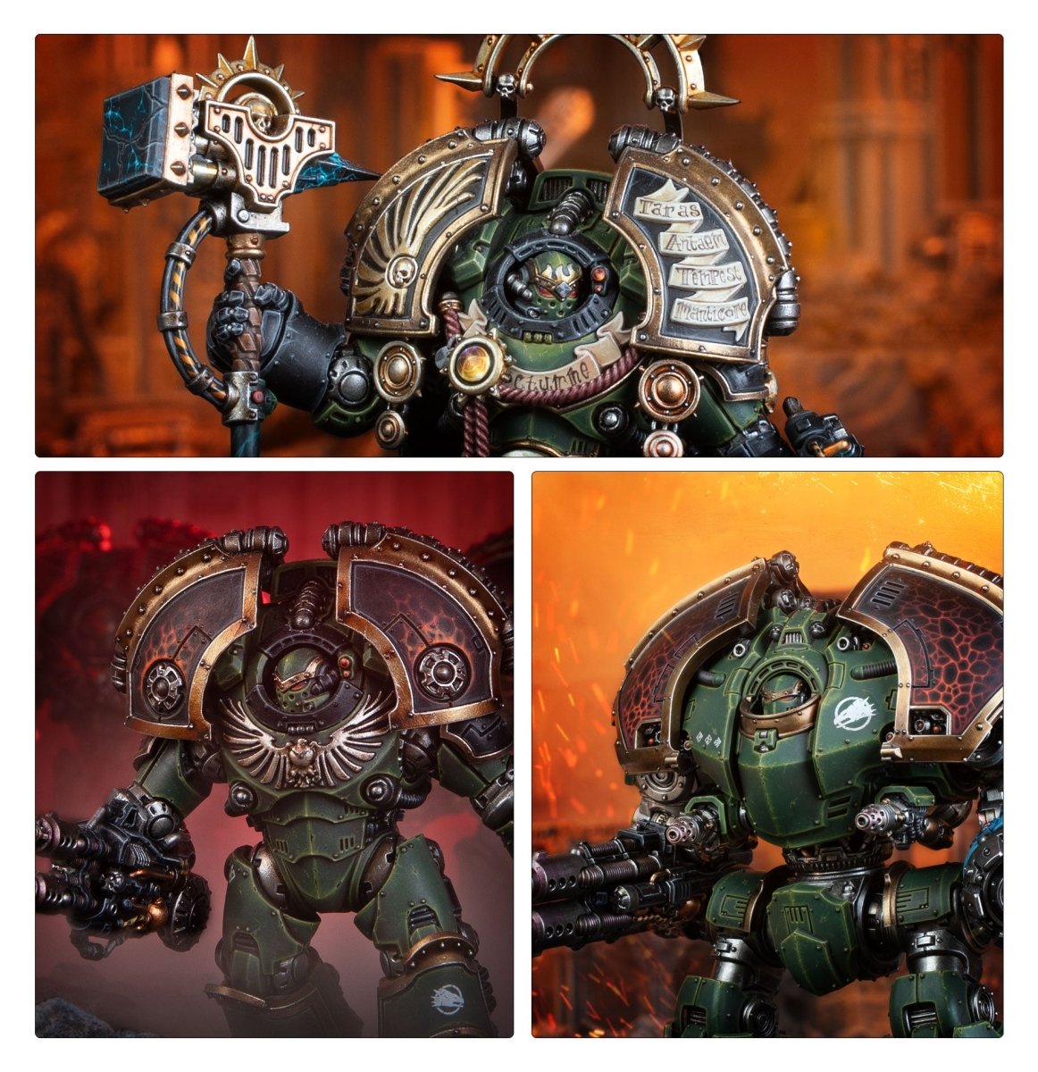 Painted green Legion Dreadnoughts and a commander on dramatic backgrounds, Horus Heresy: Saturnine