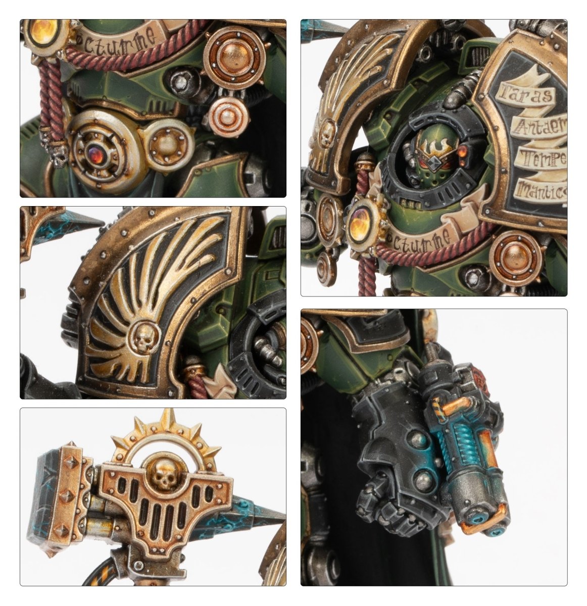 Close-ups of a painted green Dreadnought's brass trim, gauntlet and plasma weapon, Saturnine