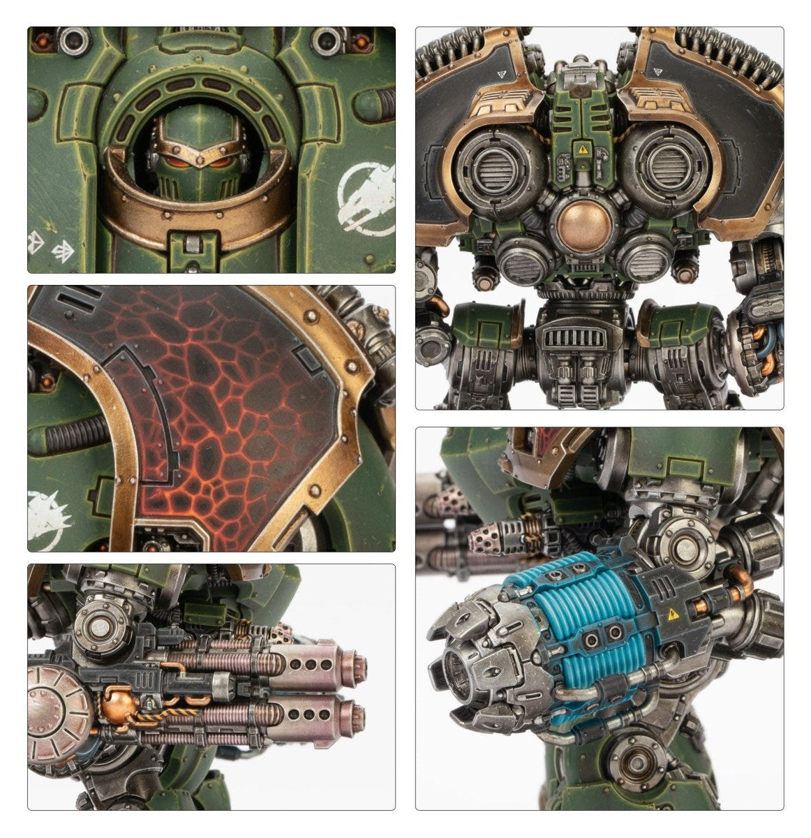 Close-ups of painted green Dreadnought armour, heat-scorched plating and weapons, Saturnine