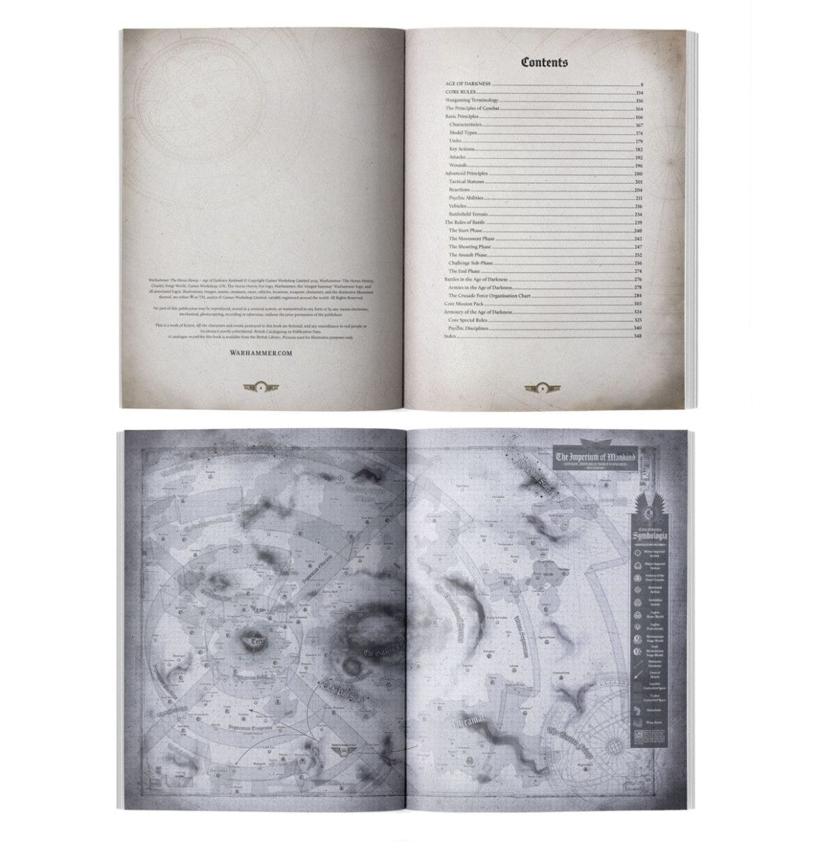 Age of Darkness Rulebook interior spreads showing contents page and battlefield map