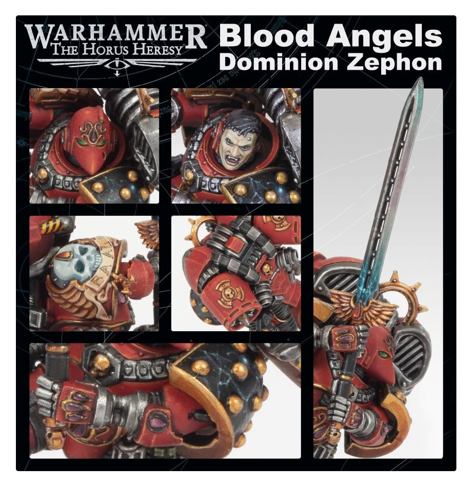 Close-up details of painted Dominion Zephon: face, bionic arm, armour and blade, Blood Angels