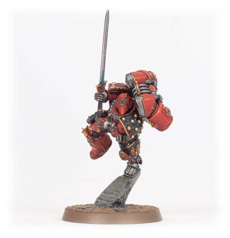 Alternative view of the painted Dominion Zephon in red and gold armour on a rubble base