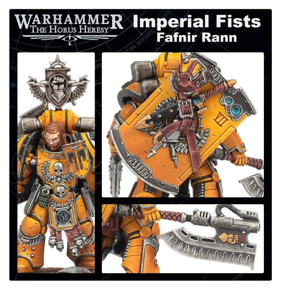 Close-ups of Fafnir Rann: bare head, shield and double-headed axe detail