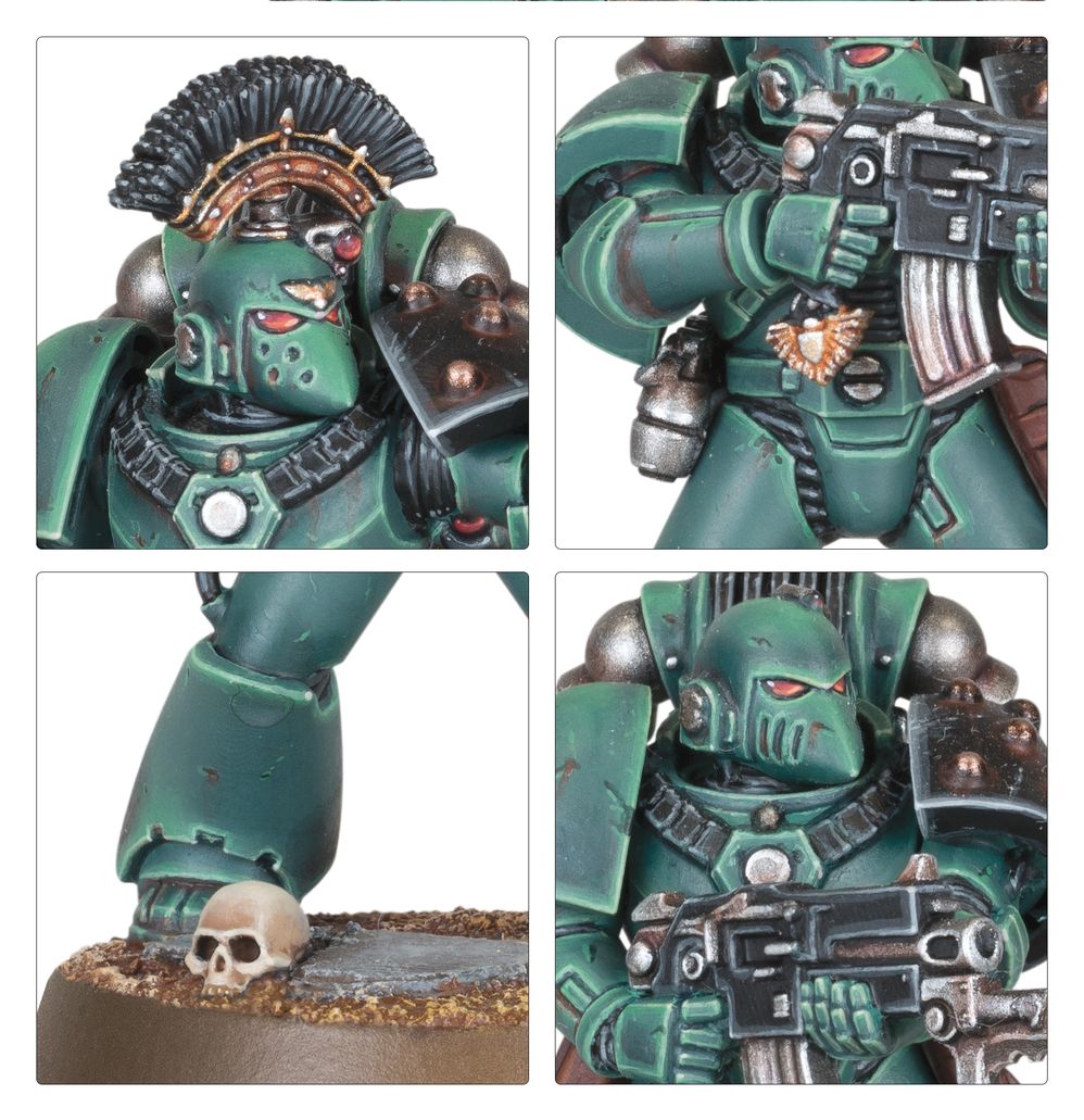 Combat Force marine close-ups of the sergeant's crested helm, bolter and skull-strewn base