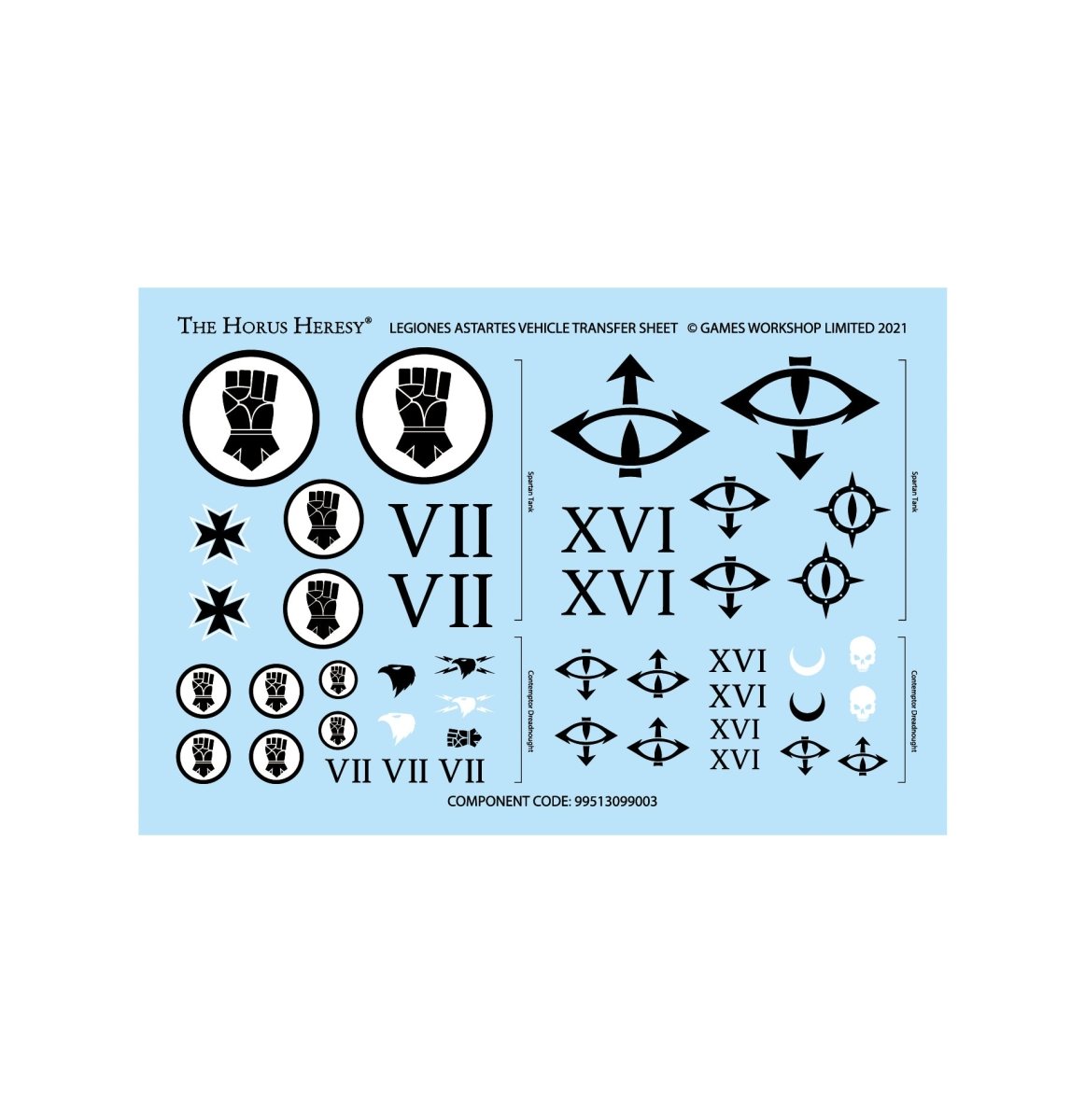 Legiones Astartes vehicle transfer sheet with fist and eye symbols and Legion numerals