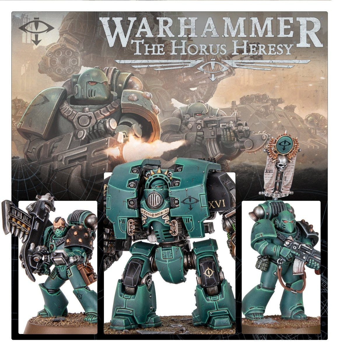Horus Heresy Combat Force artwork panel with painted Sons of Horus marines and Dreadnought