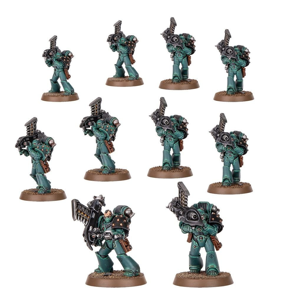 Ten painted Legiones Astartes marines in sea-green MkVI armour with bolters and heavy weapons
