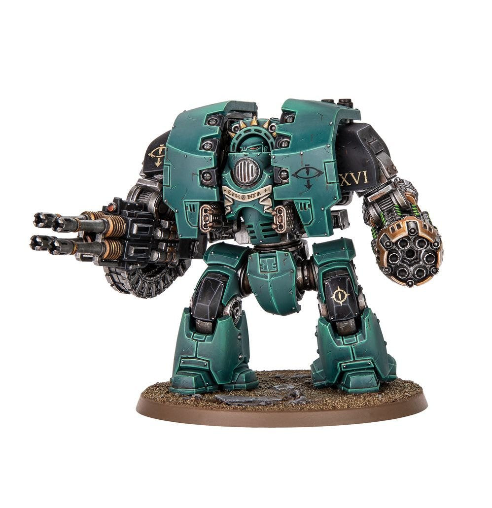 Painted Legiones Astartes Dreadnought in sea-green armour with twin cannon and rotary grav weapon