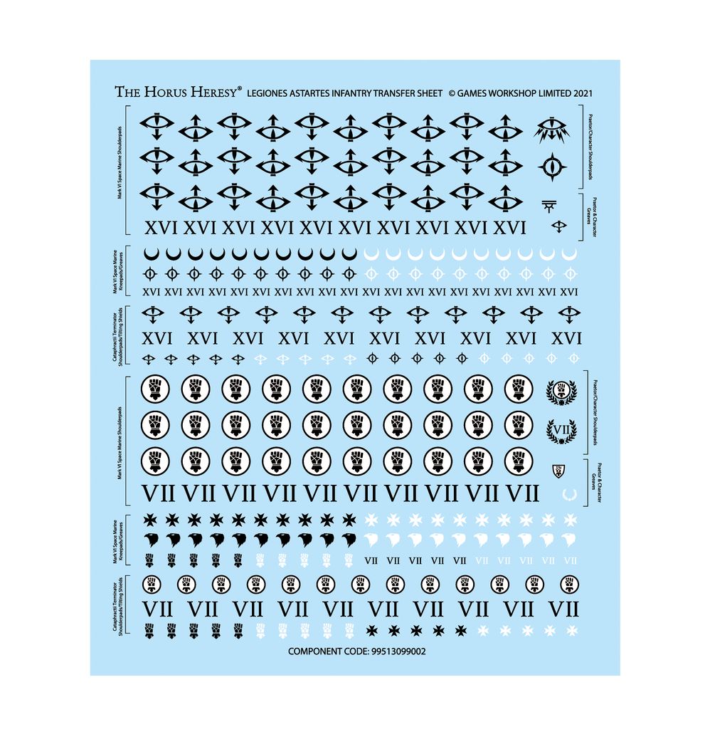 Legiones Astartes infantry transfer sheet with Legion icons and XVI and VII numerals