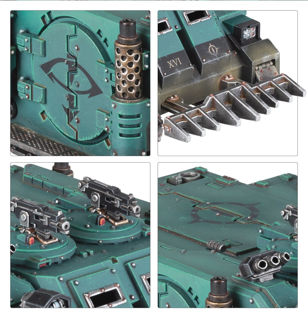 Rhino close-ups of the eye symbol hatch, XVI Legion numeral, dozer blade and top weapons